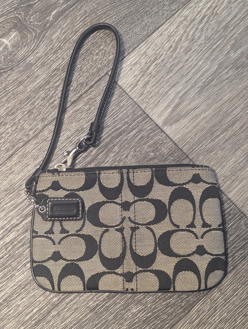 Coach Tan & Black Signature Canvas Wristlet with Leather Strap